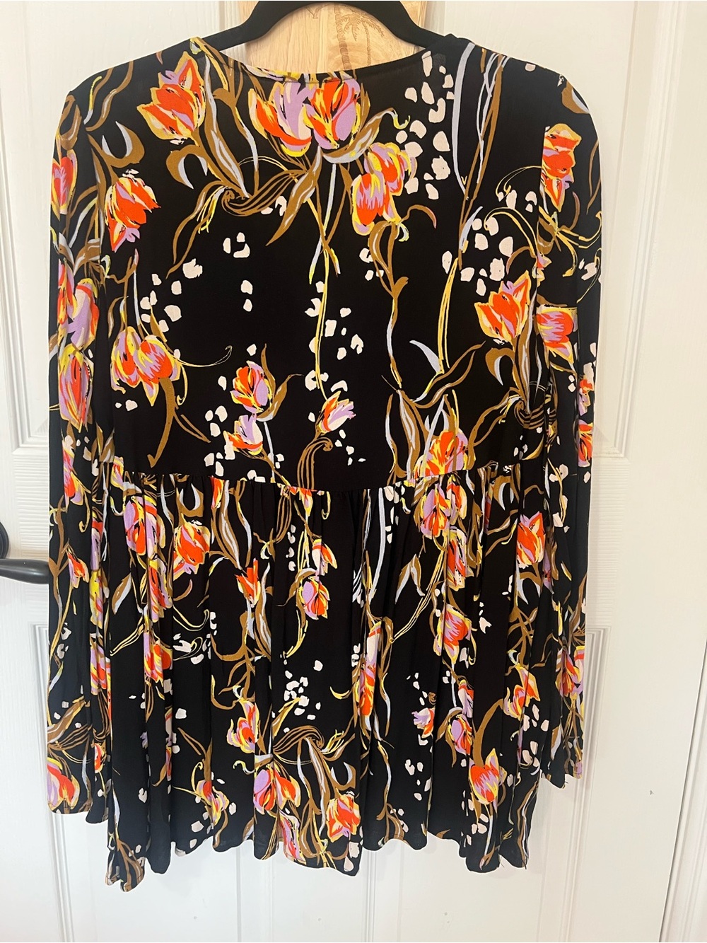 Free People Black Floral V-Neck Tunic with Pink and Orange Blooms - Picture 2 of 6
